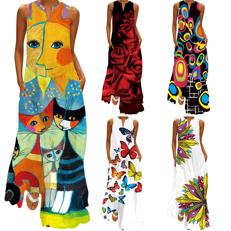 2026 New Summer Women's Sleeveless Long Dress V-Neck Printed Retro Dress European and American Cross-Border Foreign Trade Women's Clothing