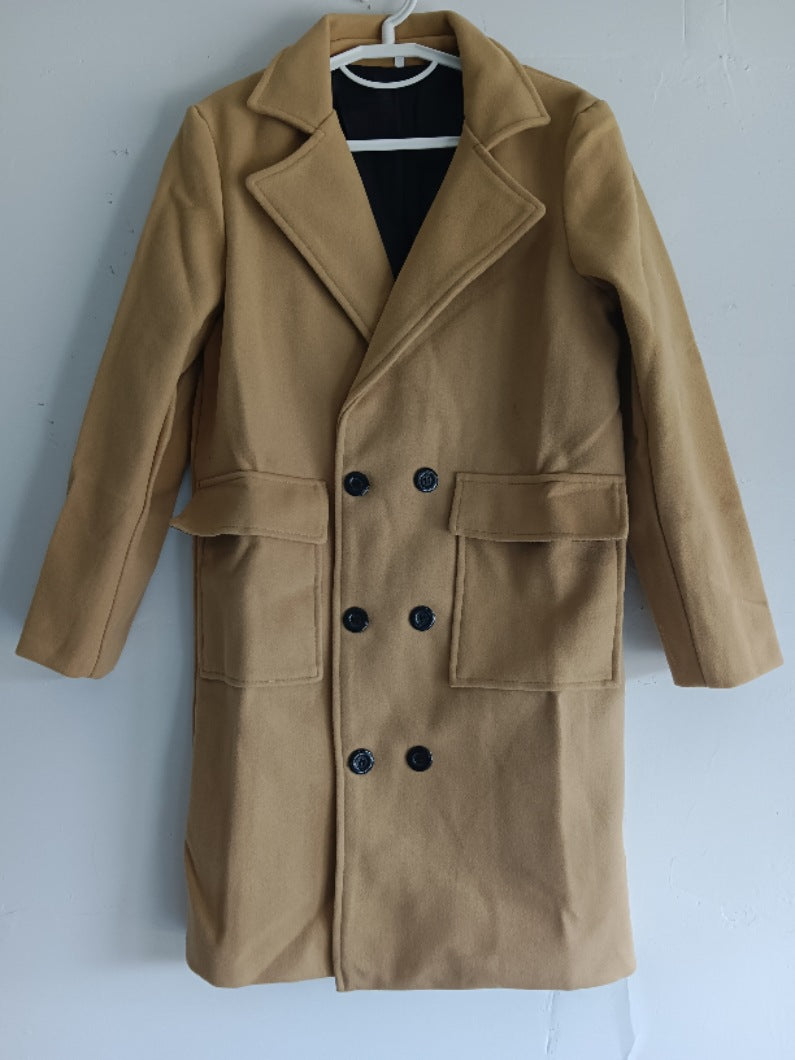 2024 autumn and winter new men's AliExpress double-breasted youth solid color leisure long foreign trade woolen coat men