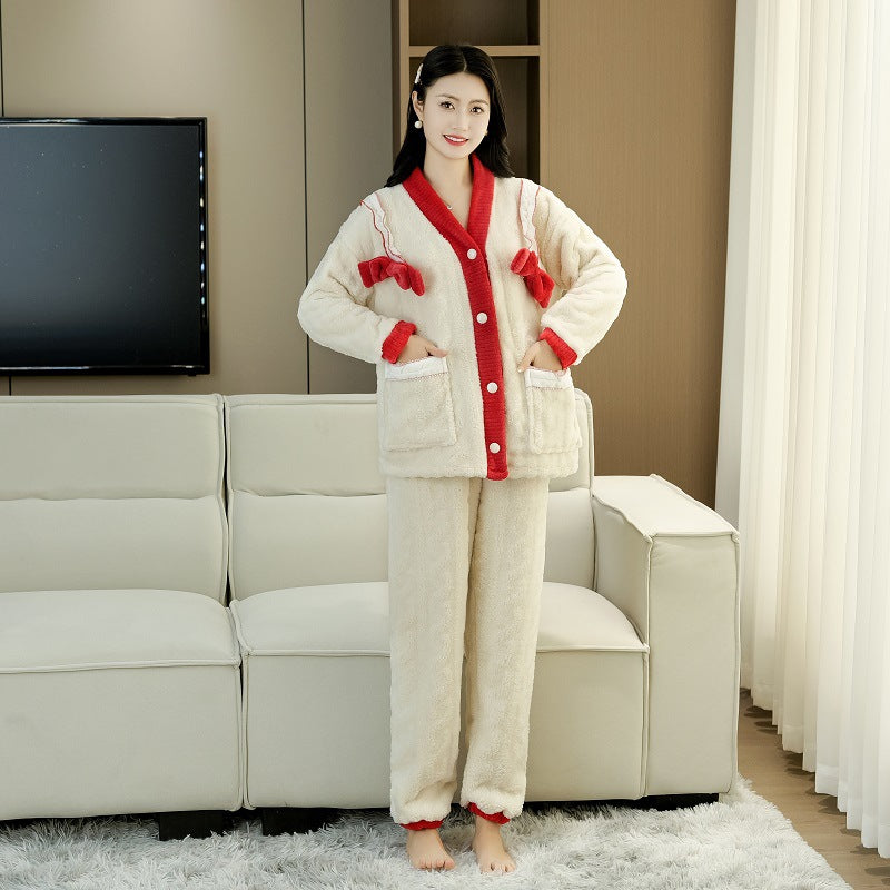 Pajamas Women's Autumn and Winter New Lazy Style V-neck Long-sleeved Princess Style Dormitory Warm Coral Fleece Home Clothes for Outer Wear