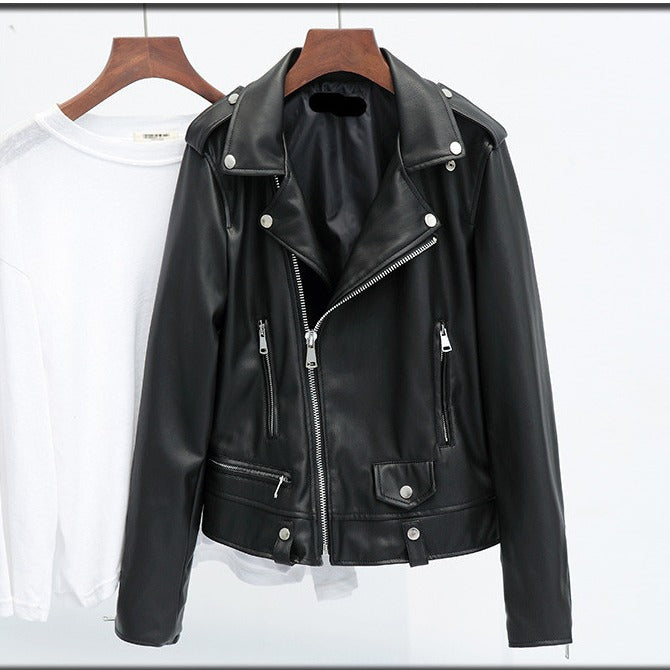 Leather Jacket for Women, Spring and Autumn, Short Korean Style, Slim Fit, Black Pu Small Jacket, Biker Leather Jacket, Plus Size, Fashionable and Versatile