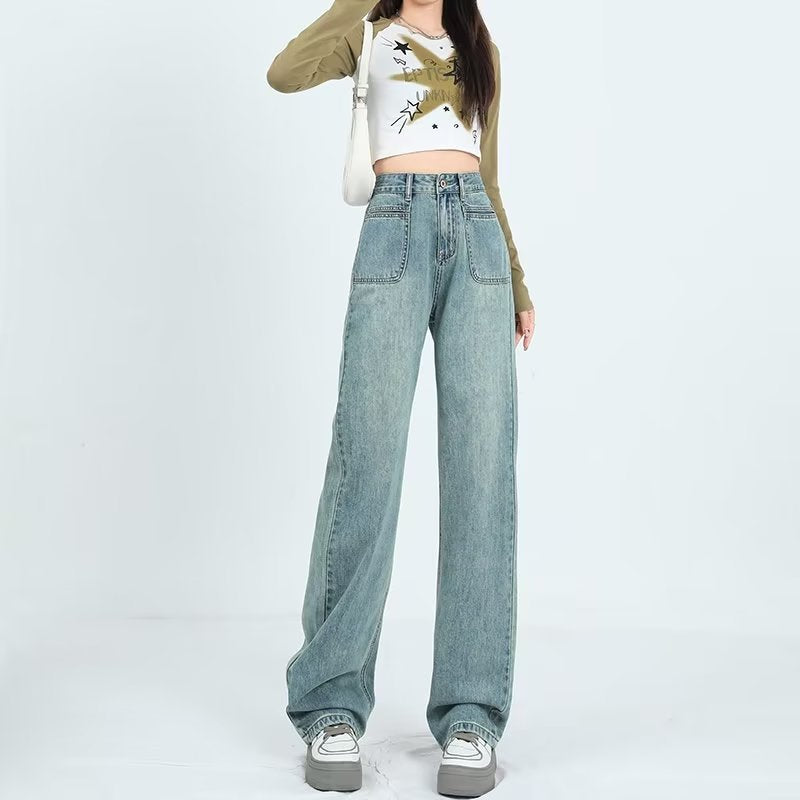 American Retro Wide-leg Jeans for Women Spring & Fall 2024 New Style Small High-waist Slim Loose Straight-leg Floor-length Pants