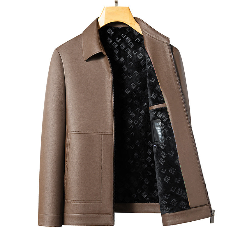 Leather men's 2024 autumn and winter new fleece-lined thickened lapel pu leather jacket coat protein ecological leather men's