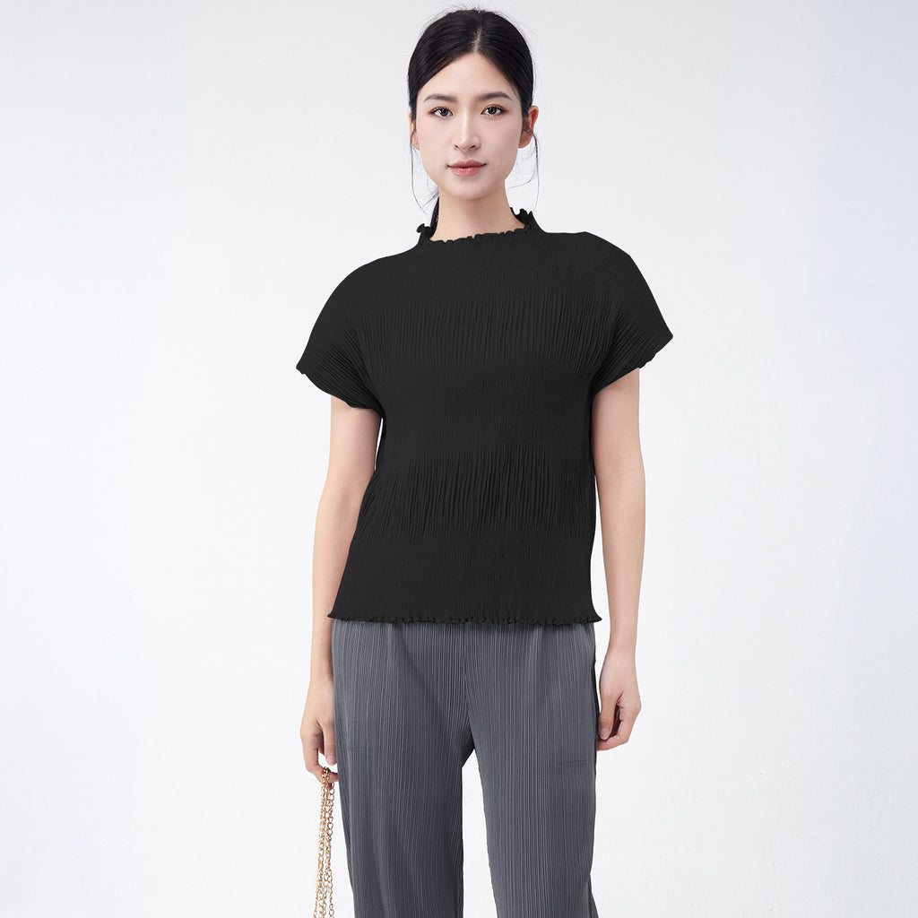Miyake Short-Sleeve T-Shirt for Women, New Summer Style, Loose Fit, Solid Color, Simple and Elegant, Versatile Pullover Top, Stylish