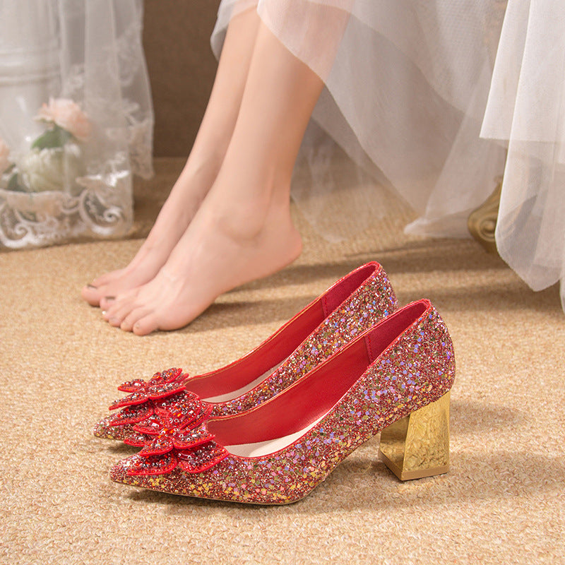 Crystal High Heels Women's Thick Heel French Style Elegant Bow plus size Rhinestone Sequin Single-layer Shoes Bridesmaid Shoes Xiuhe Wedding Shoes