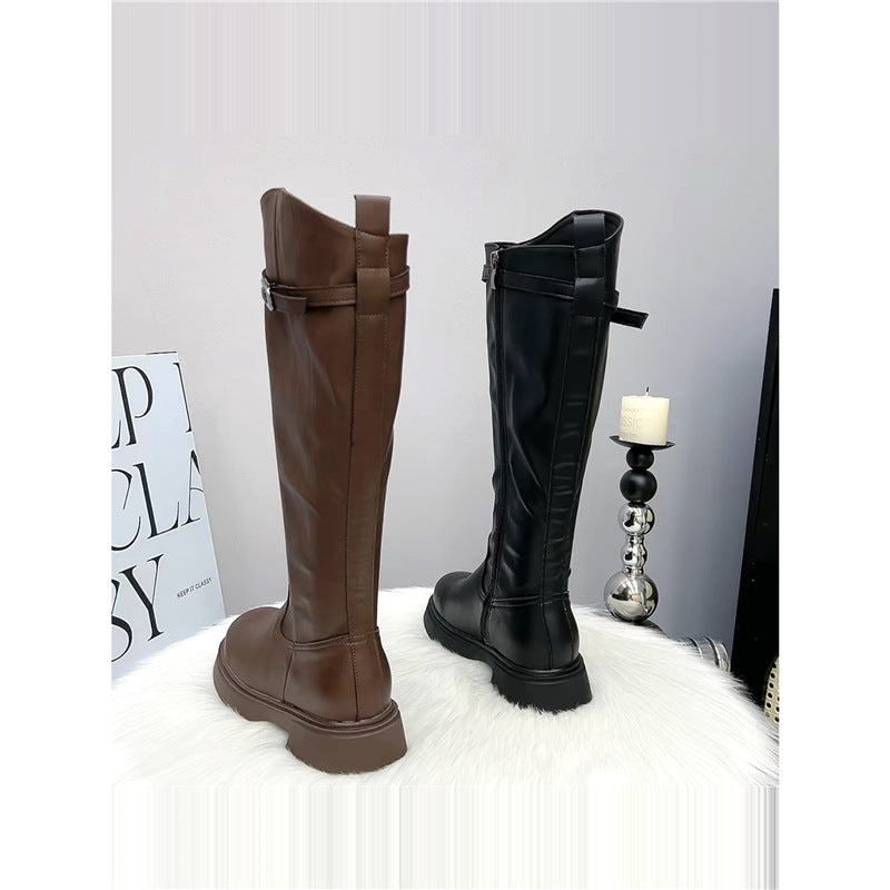 Genuine Leather Thick-Soled Boots for Women 2025 Autumn and Winter New V-Mouth High Knight Boots for Small People but No More Than Knee Boots for Women