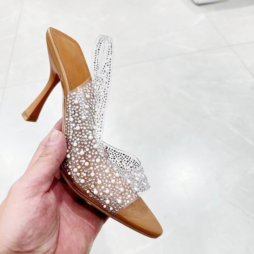 ZA new women's shoes high heels PVC transparent Pearl Diamond decorative West high heel open toe fashion high heel sandals for women