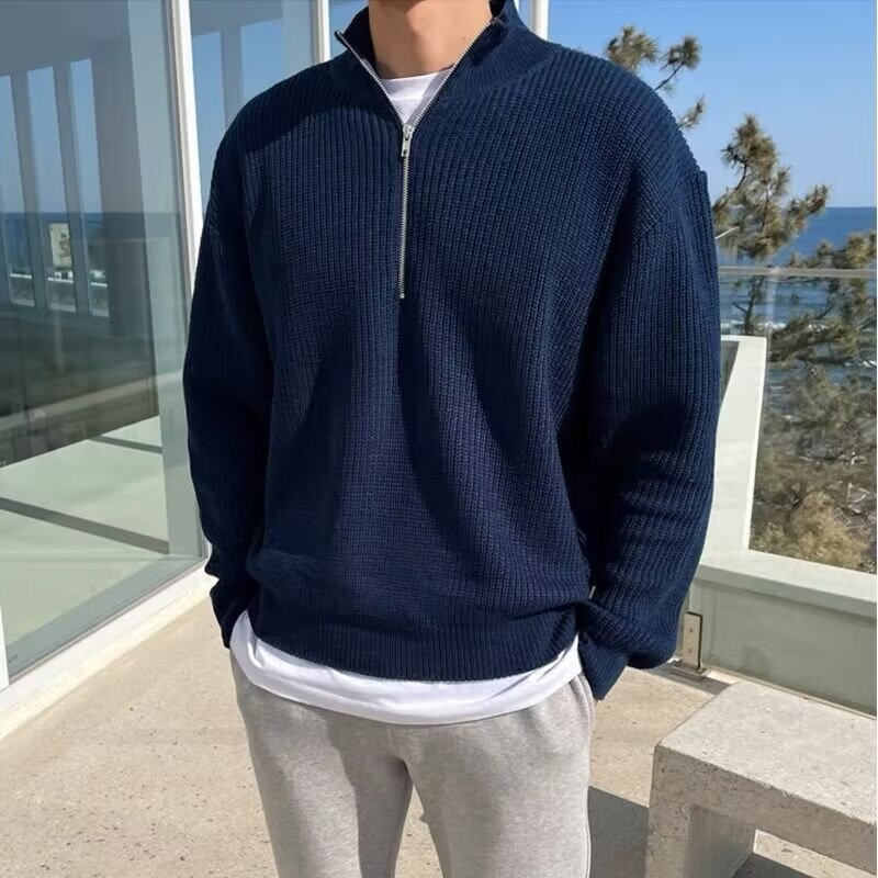 Autumn and Winter Casual Loose-Fitting Regular Half-Turtleneck Zipper Knitwear Men's American-Style Long-Sleeved Knitwear Solid Color Knitwear