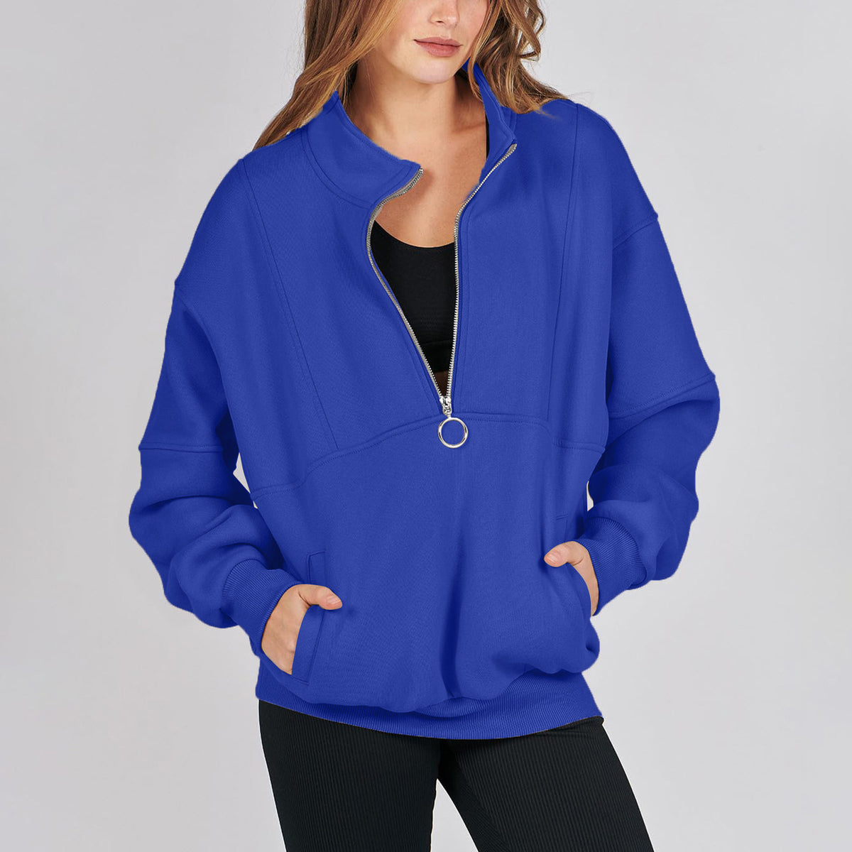 Cross-border 2023 new half-zipper sports sweater women wish Amazon loose pullover long sleeve solid color top women