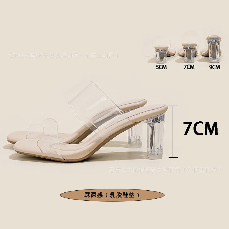 Transparent Crystal High-Heeled Sandals for Women, Summer 2026 New Style, One-Strap Square-Toe Outdoor High Heels