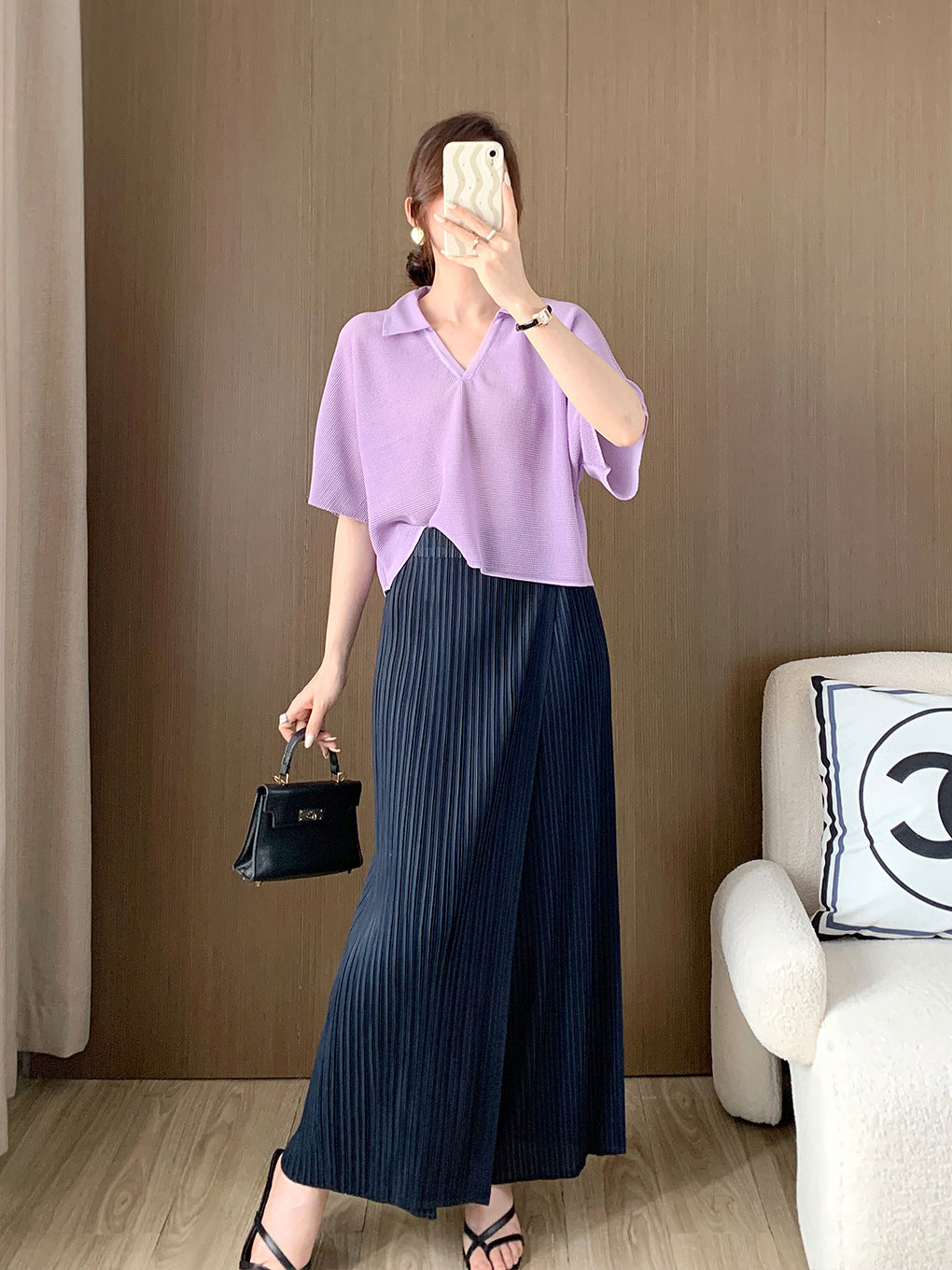 Short-Sleeved T-Shirt for Women Summer New Loose Slimming Look High-Waisted Versatile Polo Shirt T-Shirt Pleated Top Women's Large Size