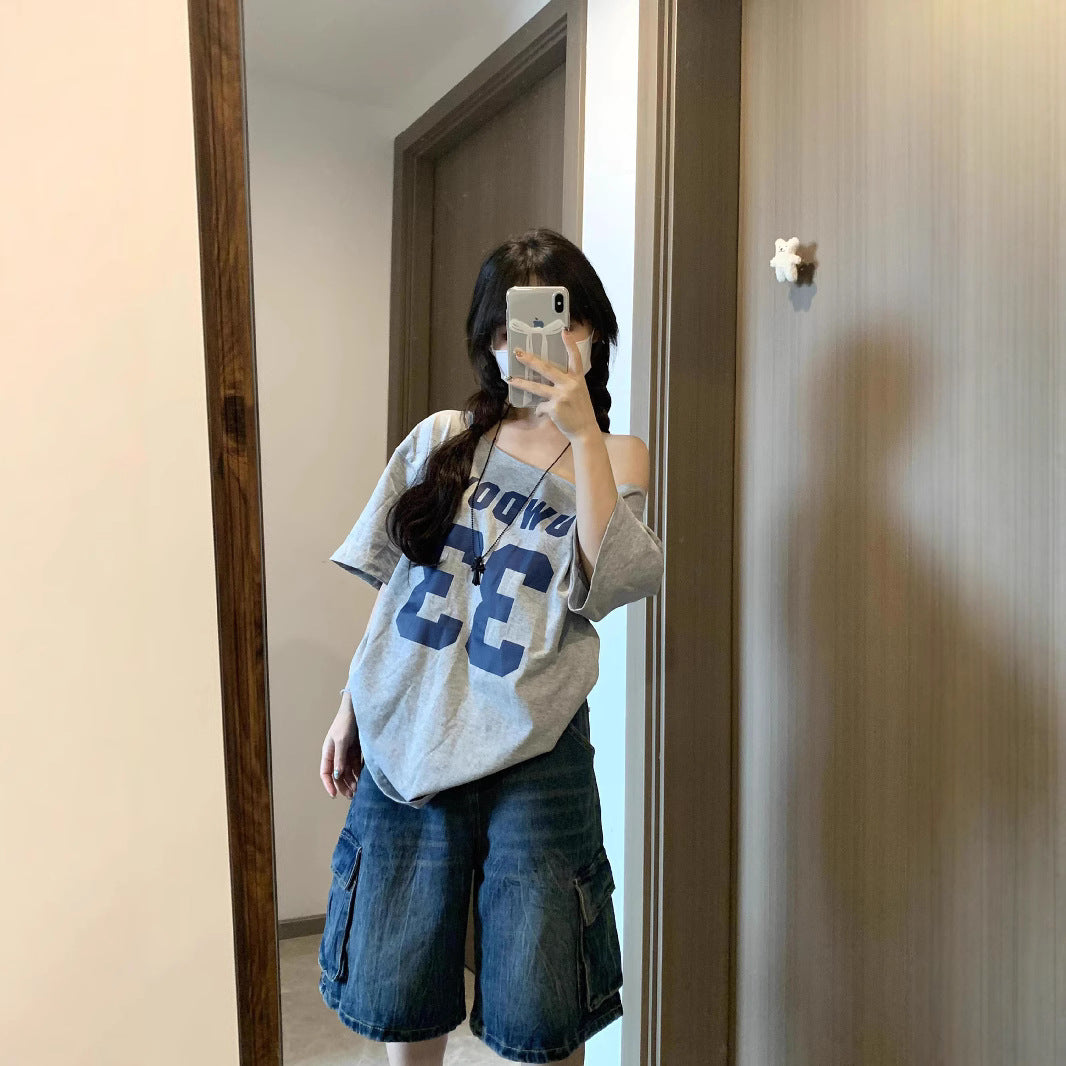 American Style Pure Desire Off-Shoulder Short-Sleeve T-Shirt for Women, 2025 Summer Loose Simple Style Slimming Sweet Spicy Girl Top Trendy