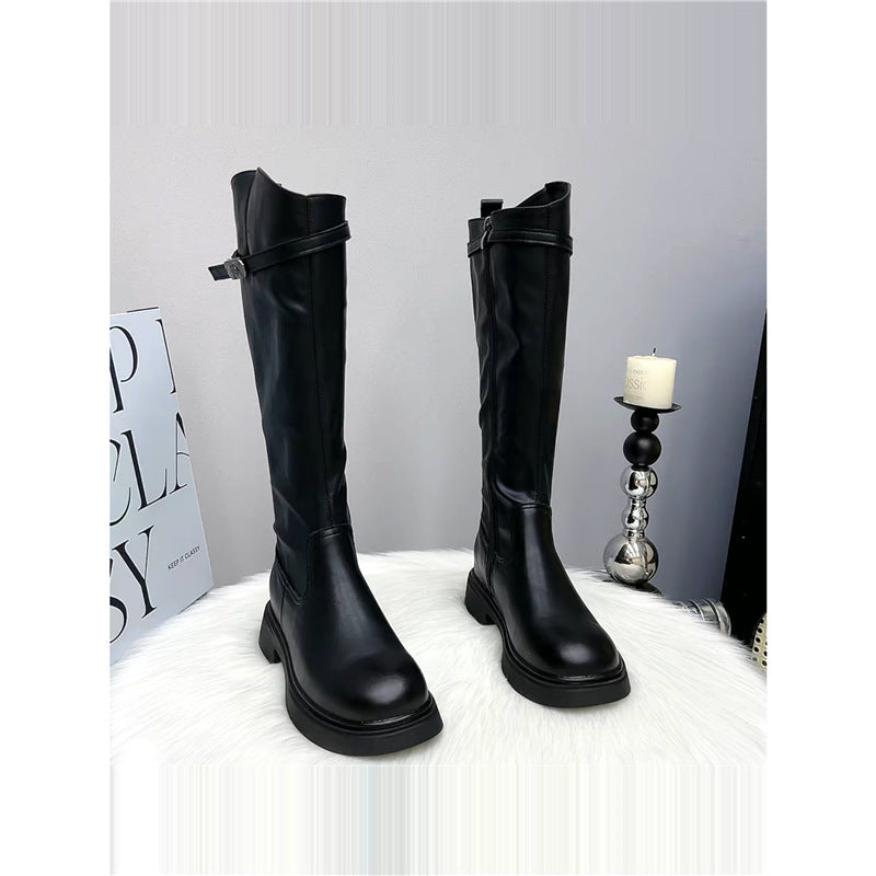 Genuine Leather Thick-Soled Boots for Women 2025 Autumn and Winter New V-Mouth High Knight Boots for Small People but No More Than Knee Boots for Women