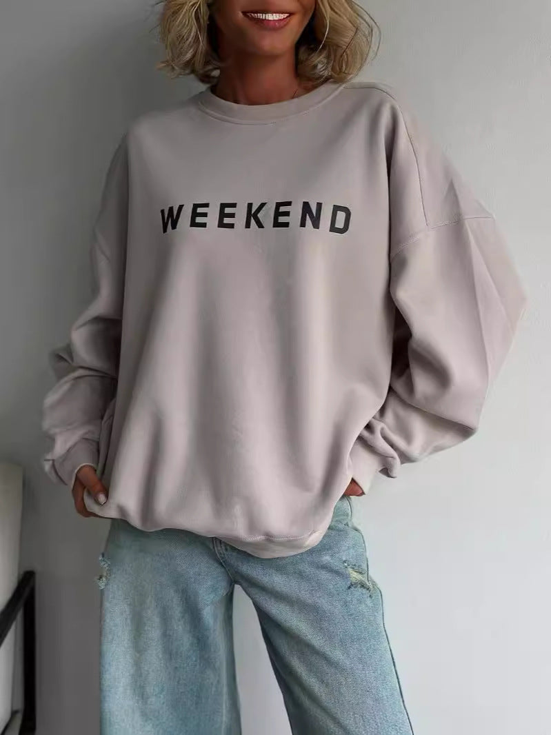 Amazon Cross-Border European and American Women's Casual Printed Thick Versatile Long-Sleeve Sweatshirt Mid-Length Winter Style