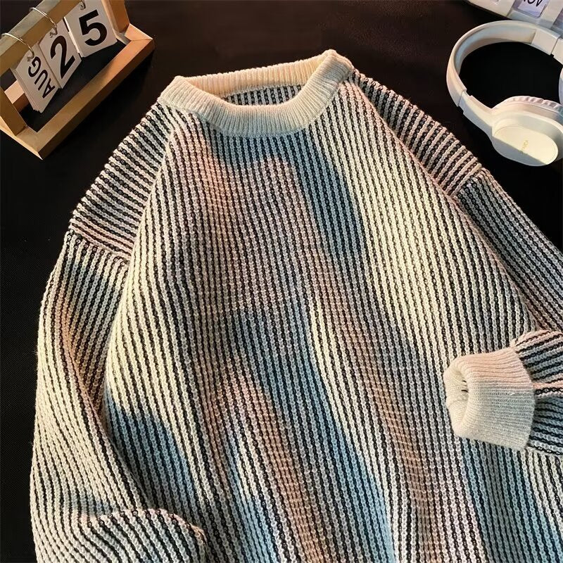 Autumn and Winter New Small Striped Sweater Men's Couple Casual Knitted Sweater Personalized All-match Fashion Contrast Color Base Shirt Jacket
