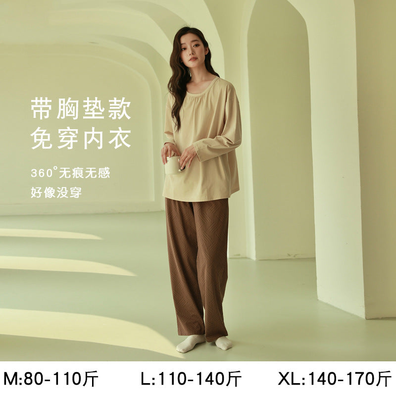 Women's Pajamas, Pure Cotton, Spring and Autumn Long-Sleeved Set, Large Size, High-End Striped Design, Can Be Worn Outside, with Chest Pads, Home Wear