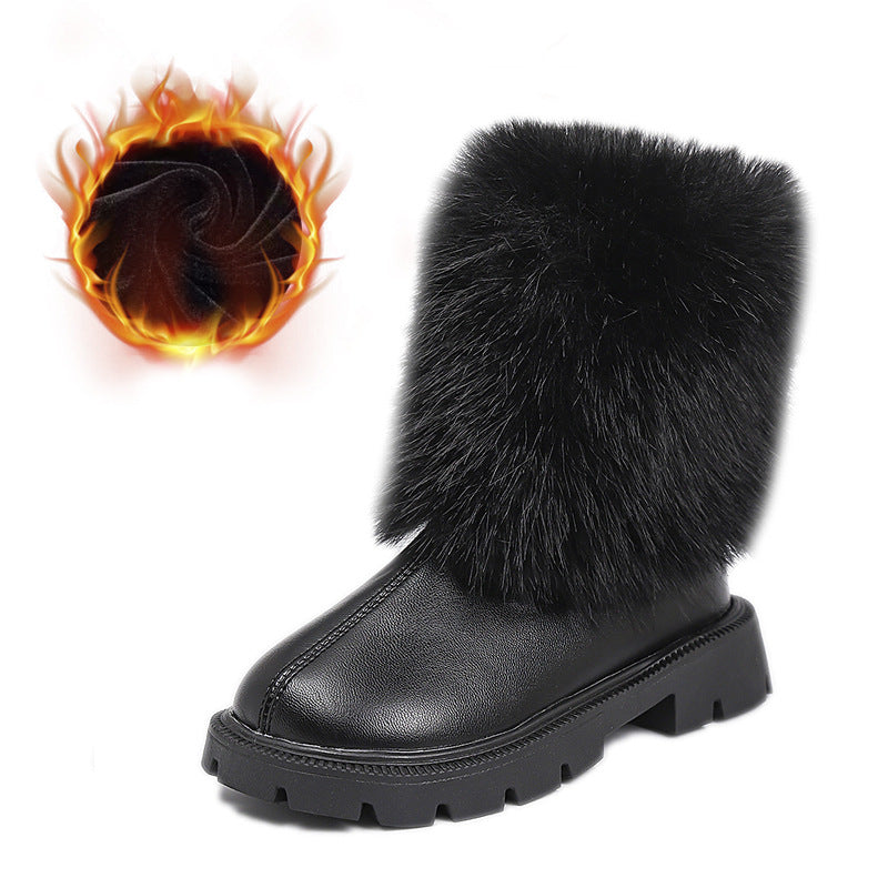 Girls' foreign trade leather boots 2024 autumn and winter new fashion western style mid-tube boots Mao Mao mouth soft bottom chimney boots fashion boots