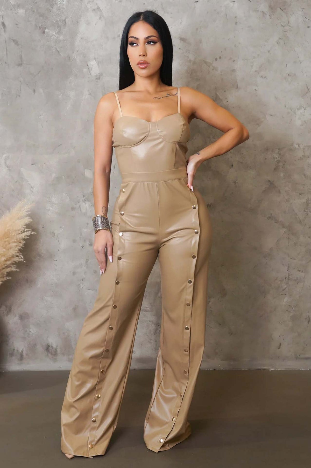 Aj4479 Cross-Border Supply European and American Clothing Pu Leather Suspender Sleeveless Wide-Leg Jumpsuit