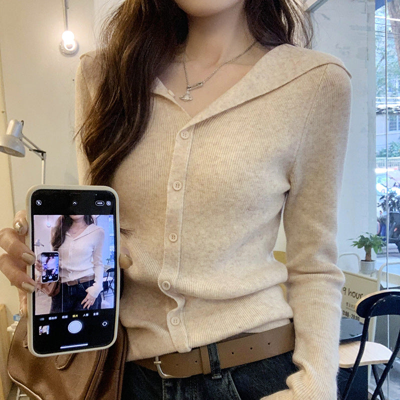 2026 Early Spring, Autumn, and Winter Collared Slim-Fit Long-Sleeve Knit Sweater for Women, Korean Style, Unique and Beautiful Design