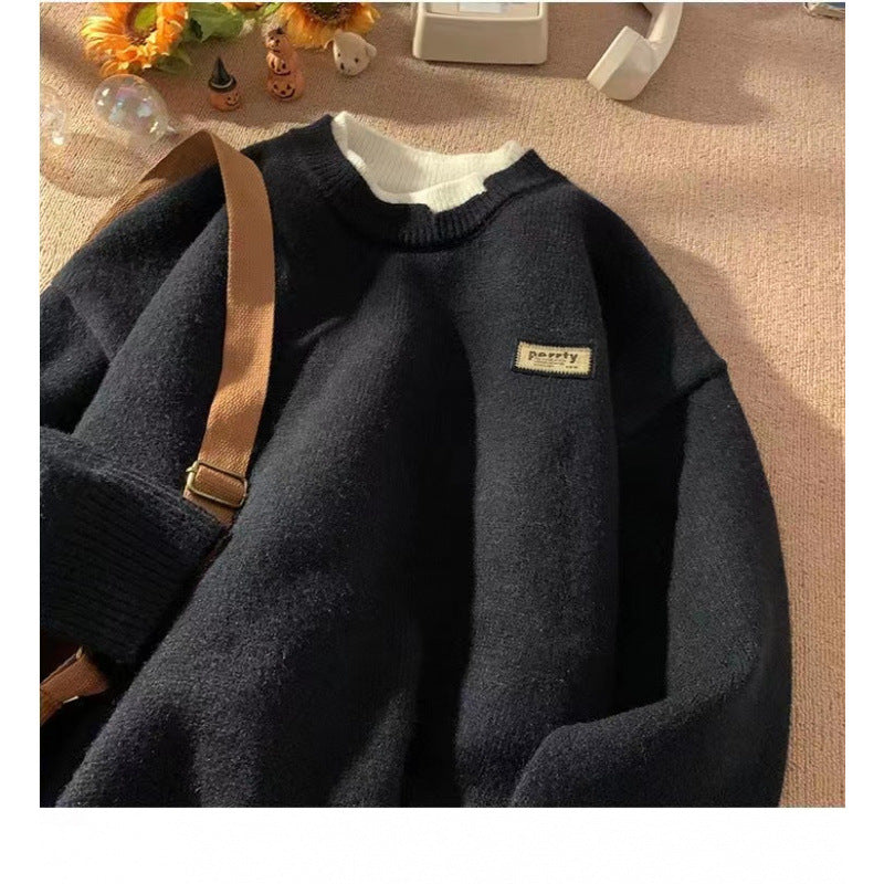 Japanese Fake Two-piece Sweater Men's Autumn and Winter Crewneck Sweater Winter Men's Youth Popular Sweater