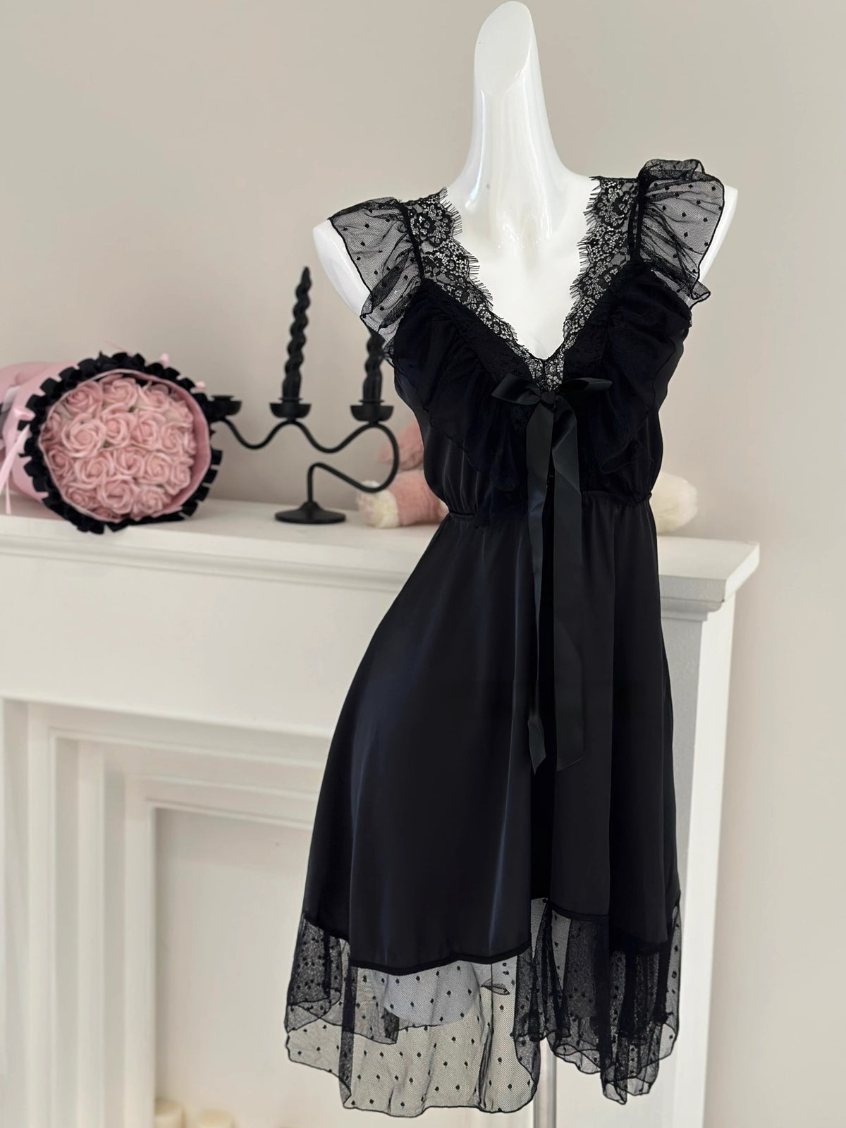 Purely Sensual Silky Slip Nightgown with Sexy Backless Lace Bow, Polka Dot Sleep Dress with a High-End Feel, Loungewear