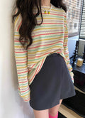 Spring and Autumn T-shirt Thin Sweatshirt Korean Style Autumn and Winter New Vigor Rainbow Striped Long-sleeved T-shirt Women's Top Women's Age-reducing