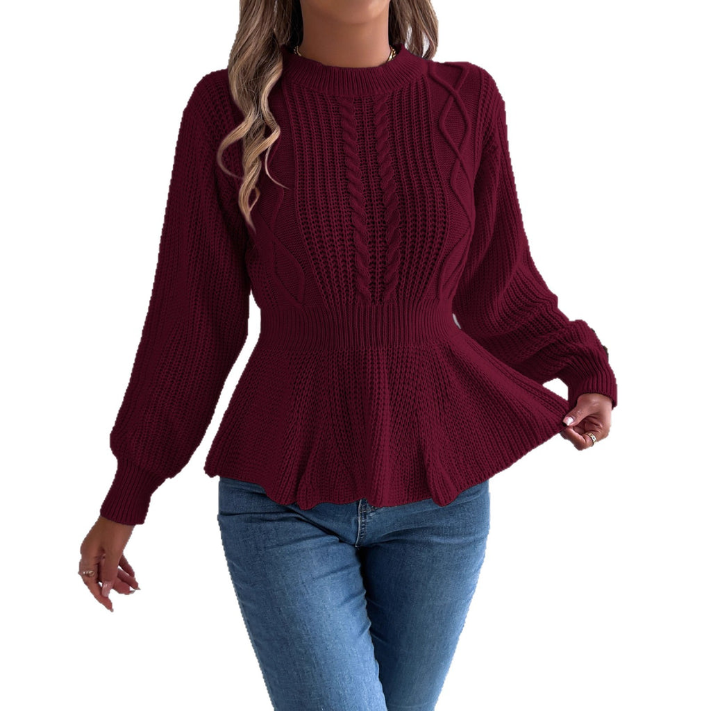 Real Shot of Autumn and Winter European and American Style Solid Color Cable Knit Waist-Cinching Ruffled Long-Sleeve Pullover Sweater, Independent Cross-Border Women's Fashion