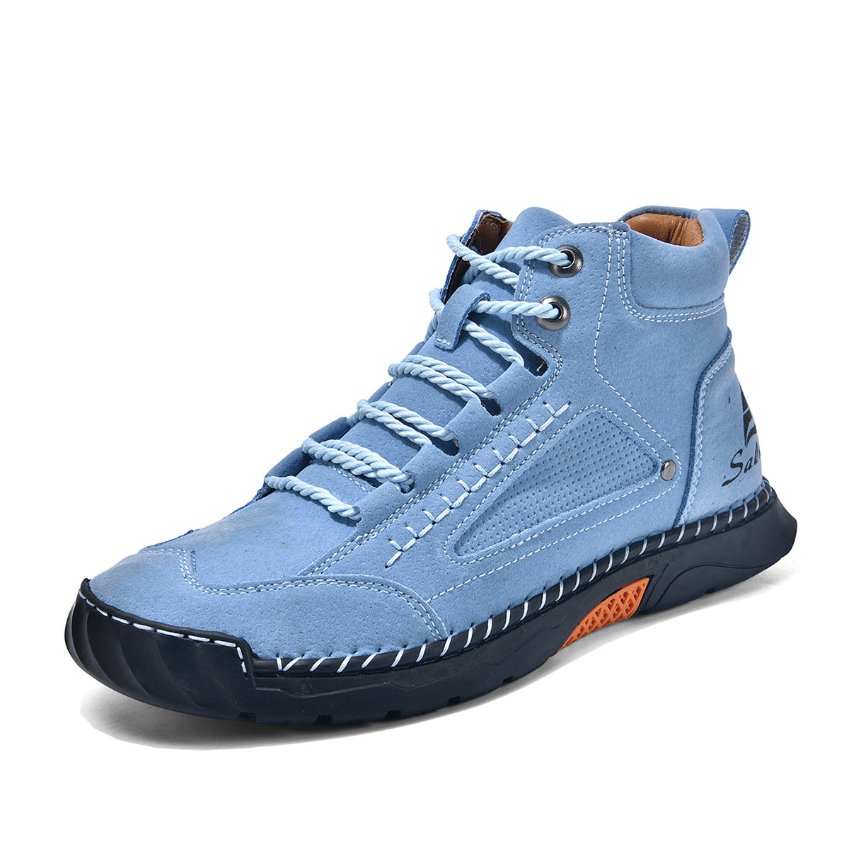 Cross-Border Plus-Size Men's Pu Leather Boots, Men's Fashion Handmade Stitched Ankle Boots, Flat Lace-Up Casual Shoes