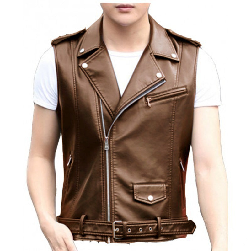 2022 European and American New Men's Slim Punk Motorcycle Sleeveless Leather Jacket Vest Diagonal Zipper Pu Leather Vest for Men