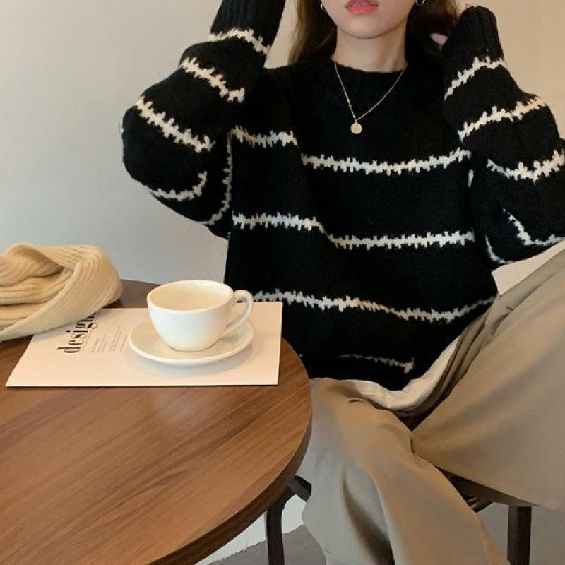 Vintage Japanese-Style Lazy Loose Sweater for Women, Thickened Autumn and Winter New Long-Sleeve Striped Half-High Collar Knitwear