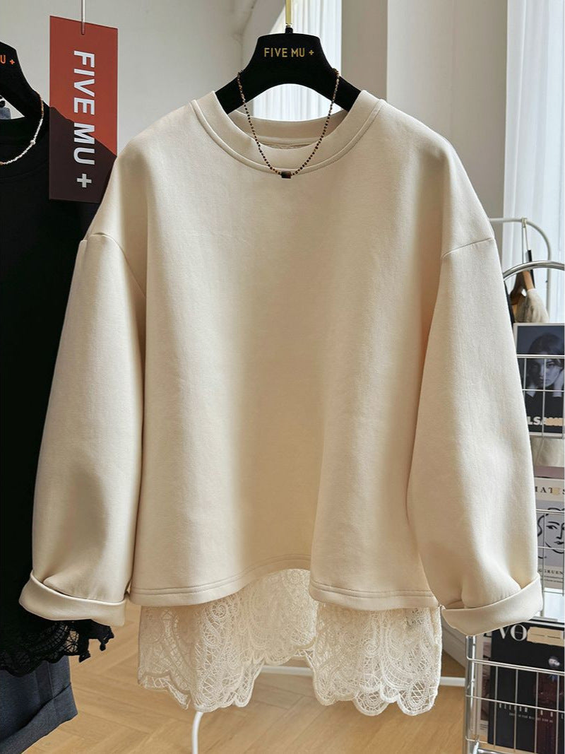 2024 New Lace Stitching Fake Two-piece Pullover Crewneck Sweaters Women's Spring and Autumn Lazy Style American Loose Top