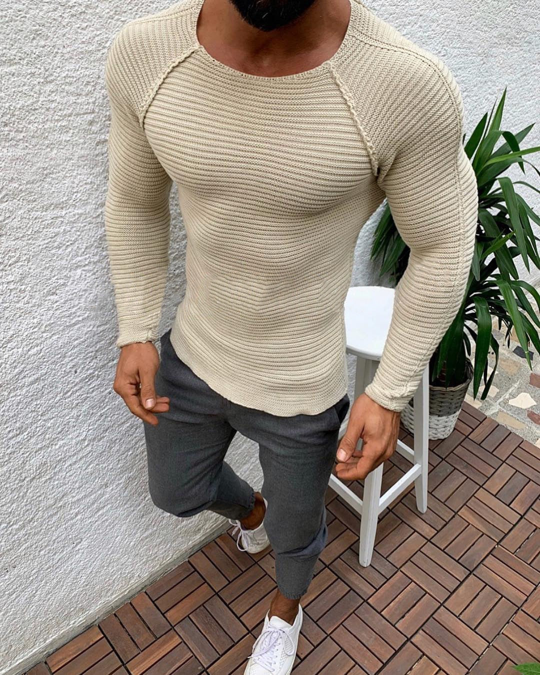 Amazon 2023 Autumn and Winter European and American Large Size Round Neck Solid Color Men's Knitwear Top Sports Slim-fit Sweater for Men