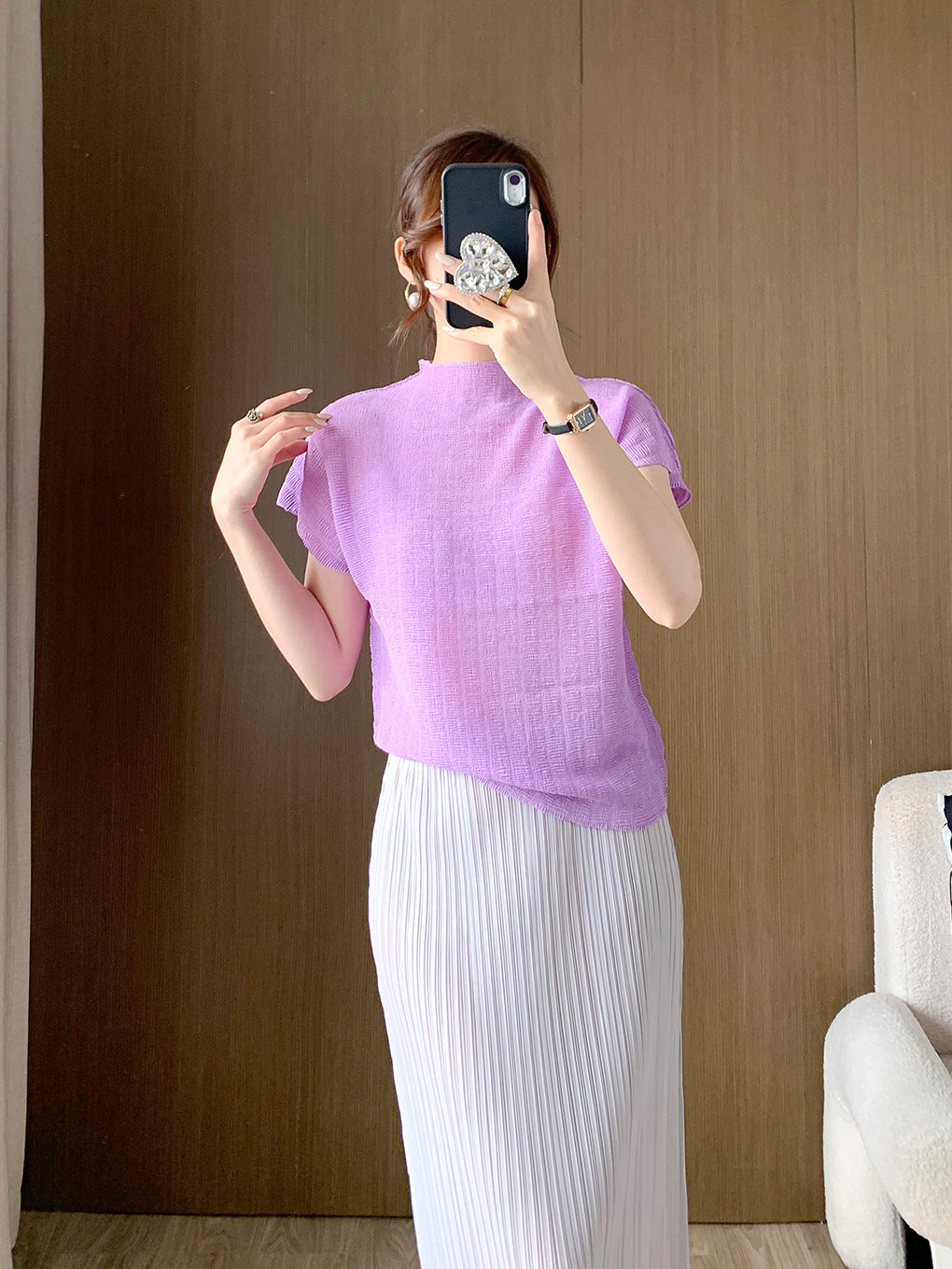 Short-sleeved T-shirt Women's Summer New Clothes All-match High-grade Western-style Small Shirt Unique Chic Pleated Top Thin Women