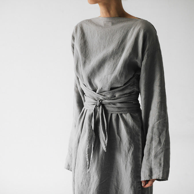 new cotton and linen dress long sleeve off-neck lace-up dress