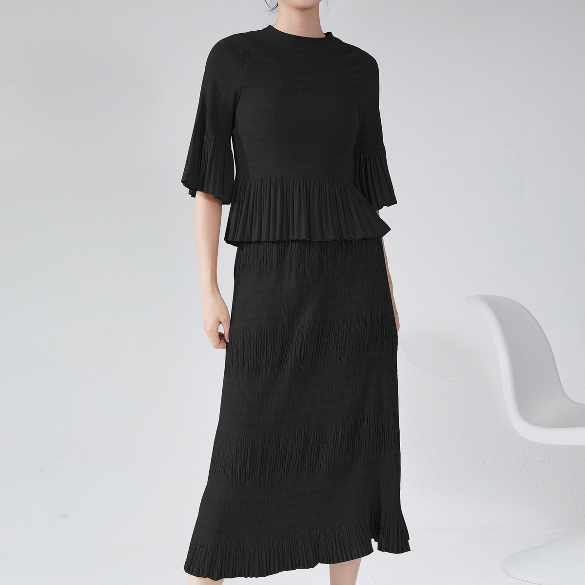 Miyake Women's Autumn New suit Two-piece Elegant Slim-fit Base T-shirt Top All-match Hip Skirt