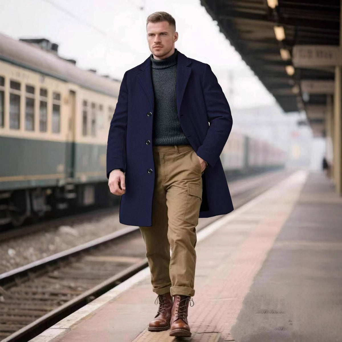 Cross-Border European Sizes Exclusively for European and American Hot-Selling Spring and Autumn Men's Lapel Slim Simple Solid Color Elegant Trench Coat