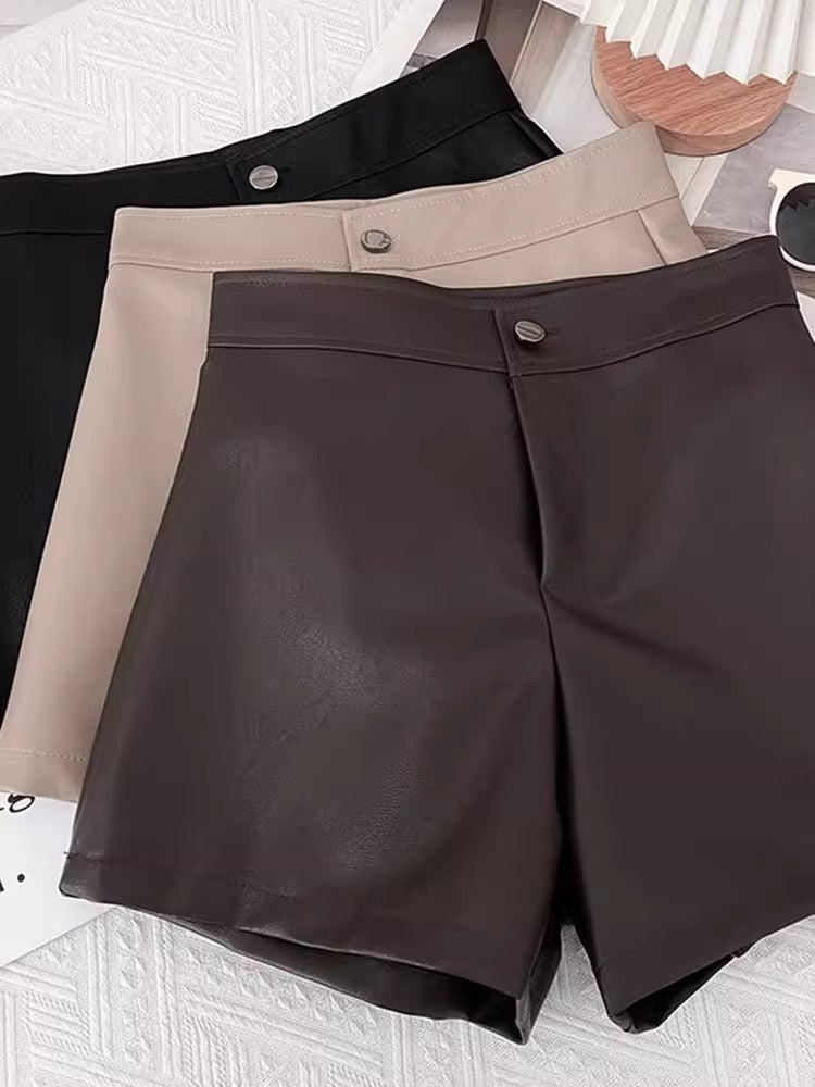 Brown Leather Shorts for Women 2023 New Autumn and Winter High-Waisted Slimming Look Loose A-Line Pants for Small People Pu Leather Outer Boot Pants