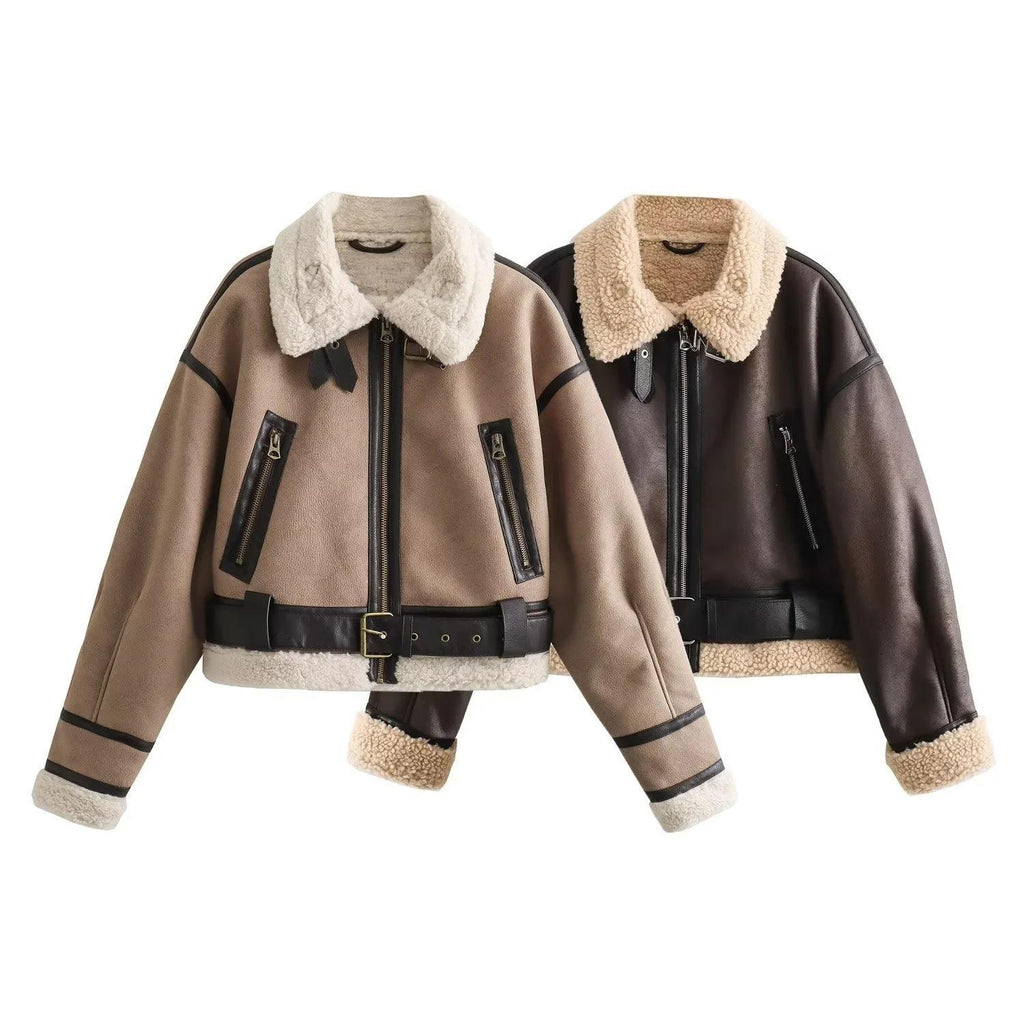 Foreign Trade Autumn and Winter New Women's Fur All-In-One Retro Motorcycle Style Short Jacket