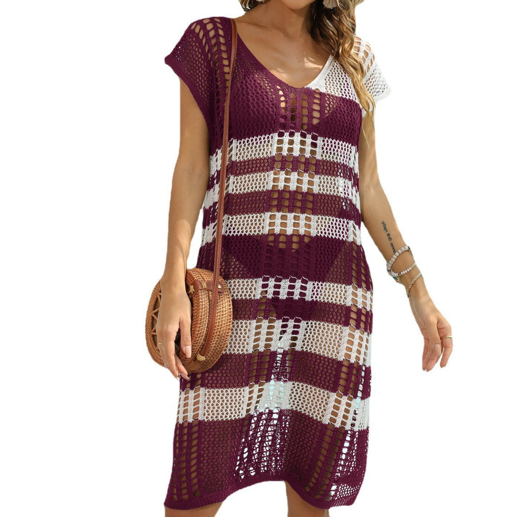 Women's blouse striped contrast color stitching sexy hollow beach bikini blouse cross-border European and American dress Z724
