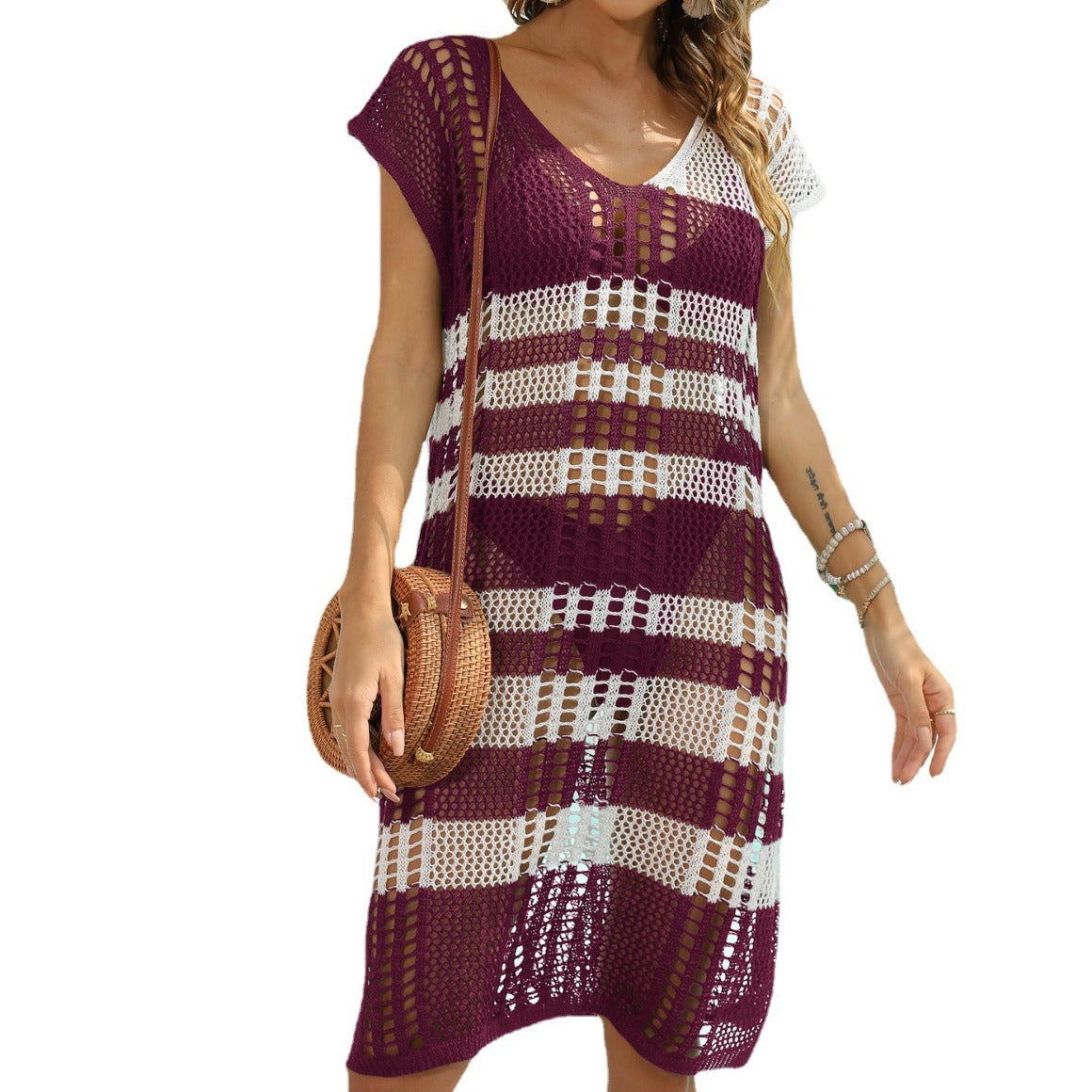 Women's blouse striped contrast color stitching sexy hollow beach bikini blouse cross-border European and American dress Z724