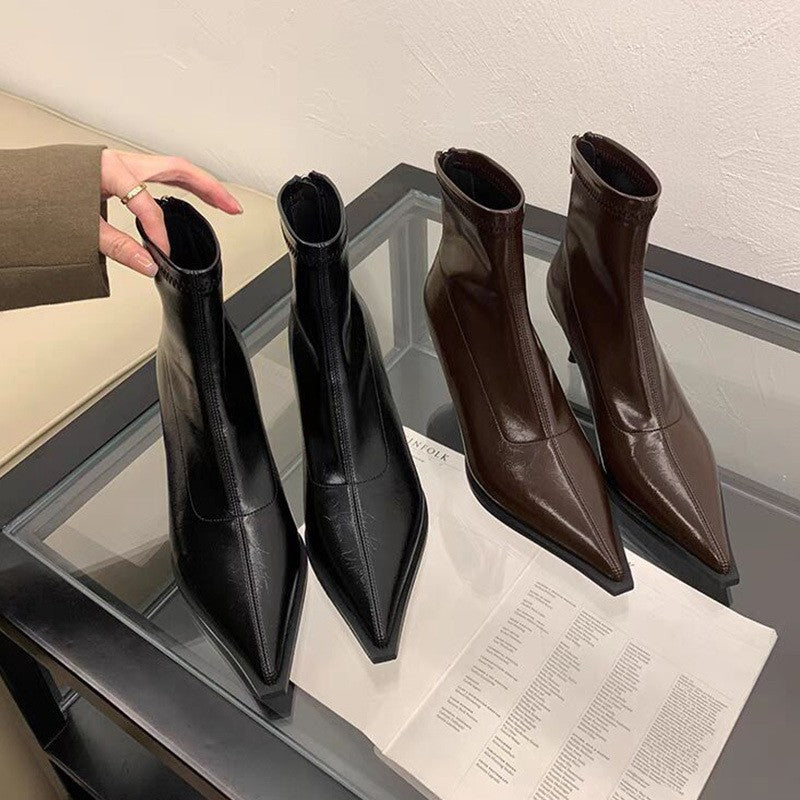 High-Heeled Pointed-Toe Short Boots for Women with Stiletto Heels and Back Zippers 2025 New Autumn and Winter Black Patent Leather High-End Slim Boots