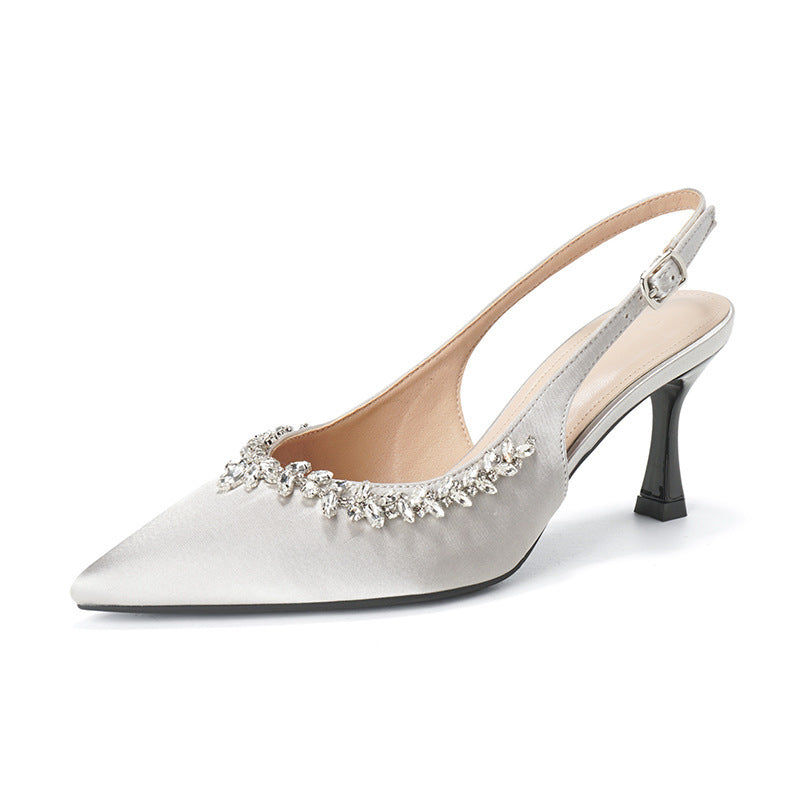 High-End Satin Pointed Toe High Heels for Women, Stiletto Heels, French Style Rhinestone Fairy Sandals, Women's Hollow Back Shoes
