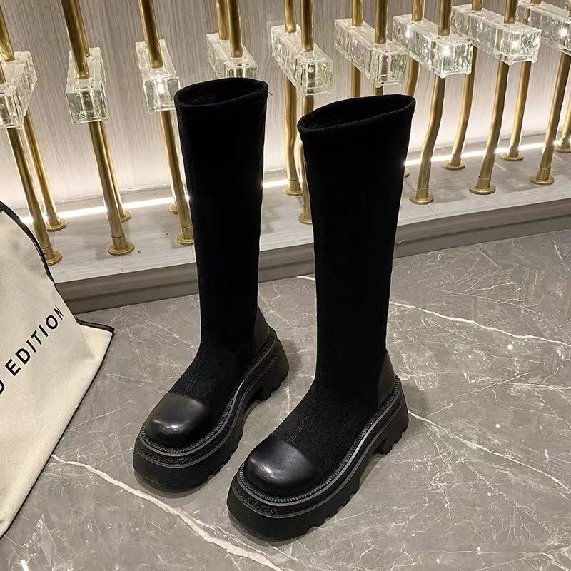 Long Boots for Women 2025 New Thick-Soled High Elastic Boots Retro Boots for Women Autumn and Winter Fleece-Lined High-Heeled Slim Boots