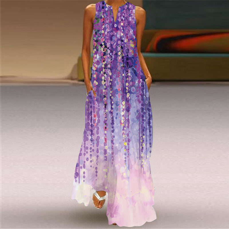 Summer Independent Brand New European and American Retro Print Long Dress V-Neck Multi-Color Long Sexy Sleeveless Dress