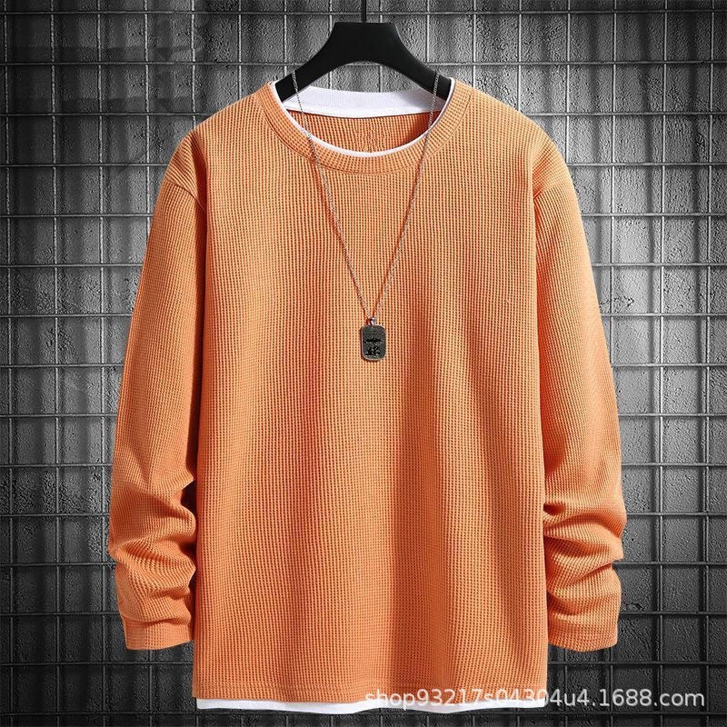 Waffles Sweaters Men's Long-sleeved Spring and Autumn Fake Two-piece Loose All-match Casual Round Neck Base Autumn Men's Top