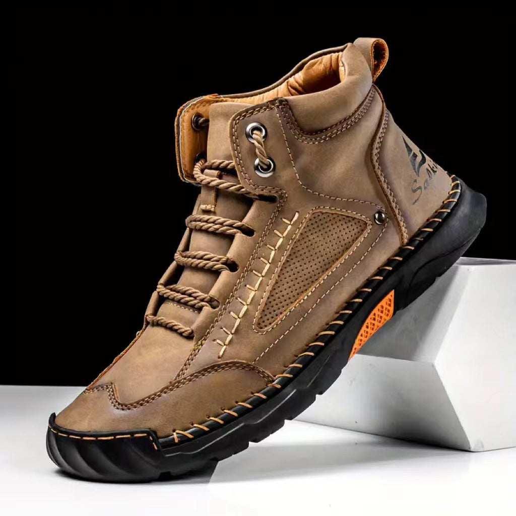 Cross-Border Plus-Size Men's Pu Leather Boots, Men's Fashion Handmade Stitched Ankle Boots, Flat Lace-Up Casual Shoes