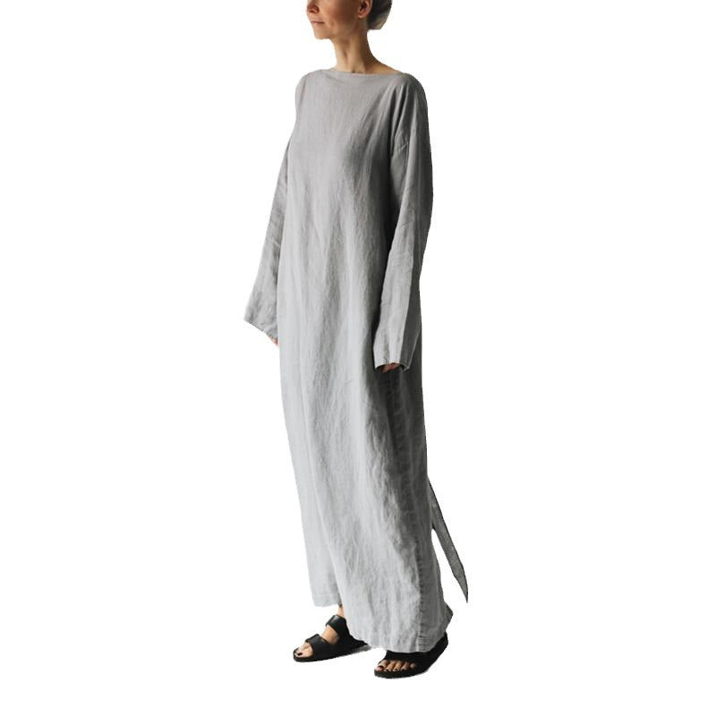 new cotton and linen dress long sleeve off-neck lace-up dress