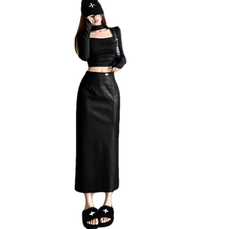 American Hot girl fashion PU leather high waist all-match long skirt cross-border women's autumn new casual skirt fashion