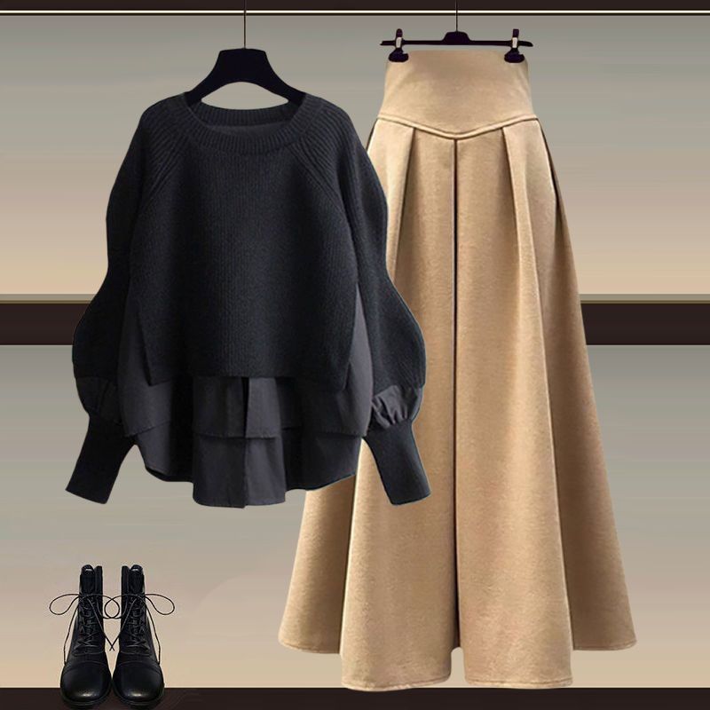 Autumn suit Women's New plus size Women's Fashion Fake Two-piece Top Elegant Slim Skirt Two-piece Set