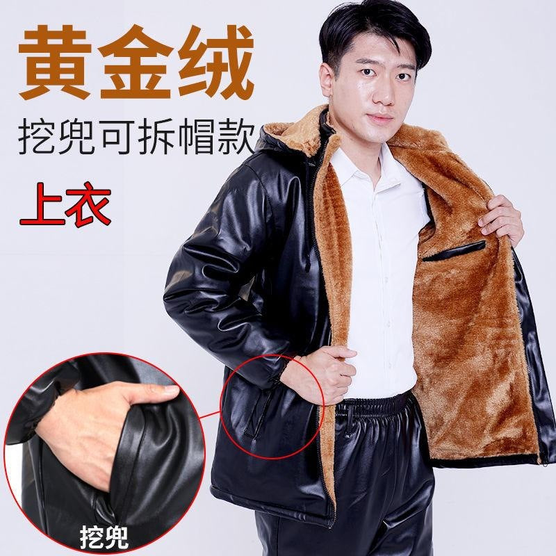 Leather Men's Coat Winter Fleece-lined Thickened Loose Oil-proof Waterproof Take-out Riding Leather Leather Pants Set for Men