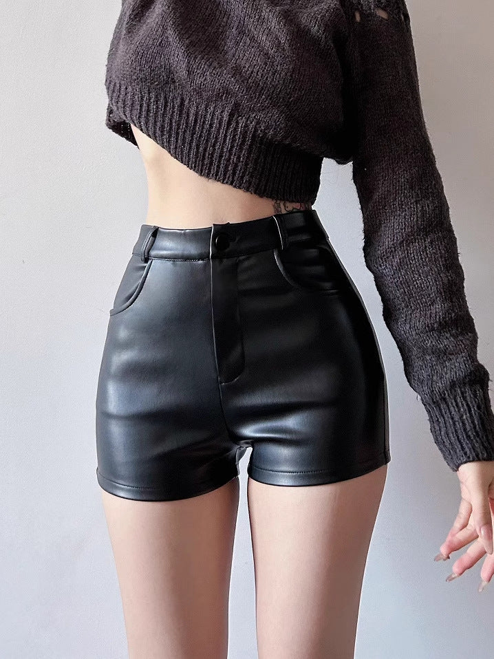 Black Leather Shorts for Women, Spring and Autumn 2026 New Korean Style, High-Waisted, Sexy, Fashionable Suit-Style Boot Shorts